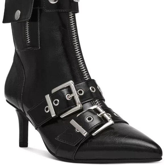 Wild Pair Moonbeam Buckle Booties Black Crinkle 9M Stiletto Heel MSRP $89 - Picture 1 of 6